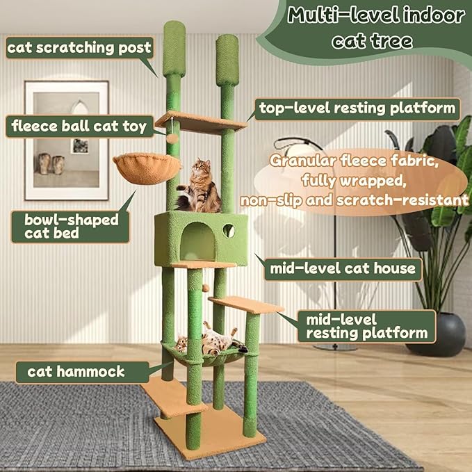 96.5"-108" Cat Tree Floor to Ceiling 7-Tier Cat Tower Adjustable Height with Scratching Posts, Cozy Hammock, Cat Condo for Indoor Cats(Green)-Mewly Pet