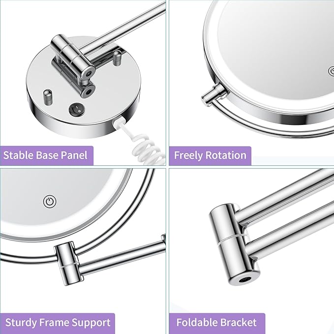 Wall Mounted Makeup Mirror with Lights, Magnifying Mirror 10X/1X Double-Sided, Plug-In Vanity Mirror with 3 Color Lights & Brightness Dimmable, 360°Swivel Extendable Mirror for Grooming & Shaving