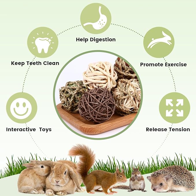 VESPRO Bunny Chew Grass Balls, (8 Pcs) Rolling Chew Toys for Small Animals, Natural Chew Grass Toys and Bunny Treats for Rabbits, Guinea Pigs, Chinchillas, Hamsters, Mice Teeth Grinding-Mewly Pet