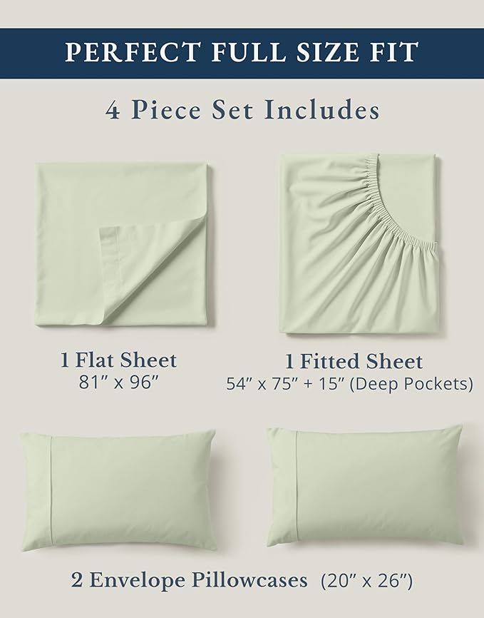 LANE LINEN 100% Organic Cotton Eco Friendly Full Size Sheet & Pillowcase Sets, Fully Elasticized Soft & Comfy Percale Bedding, Naturally Temperature Regulating Cotton Sheets Full- Mineral