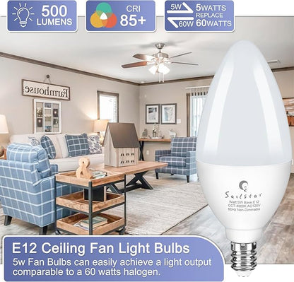 Sailstar Candelabra Light Bulbs 60 Watt Equivalent, 4000K Natural Daylight, 5W E12 Small Base Type B LED Bulbs, 500 Lumens, Chandelier Ceiling Fan Light Bulbs, CRI 85, Non-dimmable, Pack of 3
