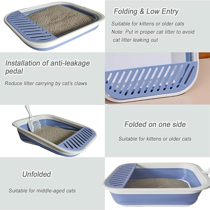 Senior Cat Litter Boxes, Collapsible Open Low Entry Cat Litter Pan with Scoop Travel Kitty Potty Pan Foldable Pet Toilet for Sick Disabled Older Elderly Cats 20.9x15.7x5.7 inch-Mewly Pet