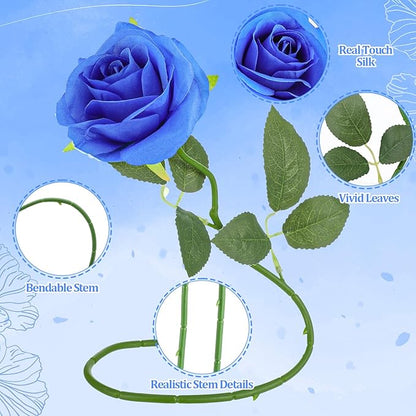 32 Pcs Blue, White Artificial Flowers Roses Fake, Silk Flowers with Stems for DIY Wedding Gothic Bridal Shower Centerpieces Arrangements Tables Decorations