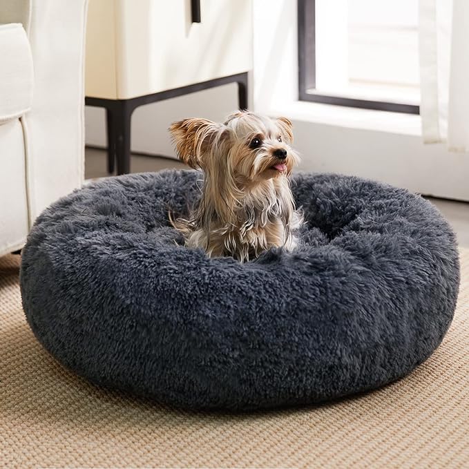 WNPETHOME Calming Dog Bed & Cat Bed, Anti-Anxiety Donut Small Dog Beds, Fluffy Faux Fur Cat Cushion Dogs Beds for Small Dogs and Cats (20 x 20 x 8 Inch, Navy Grey)-Mewly Pet