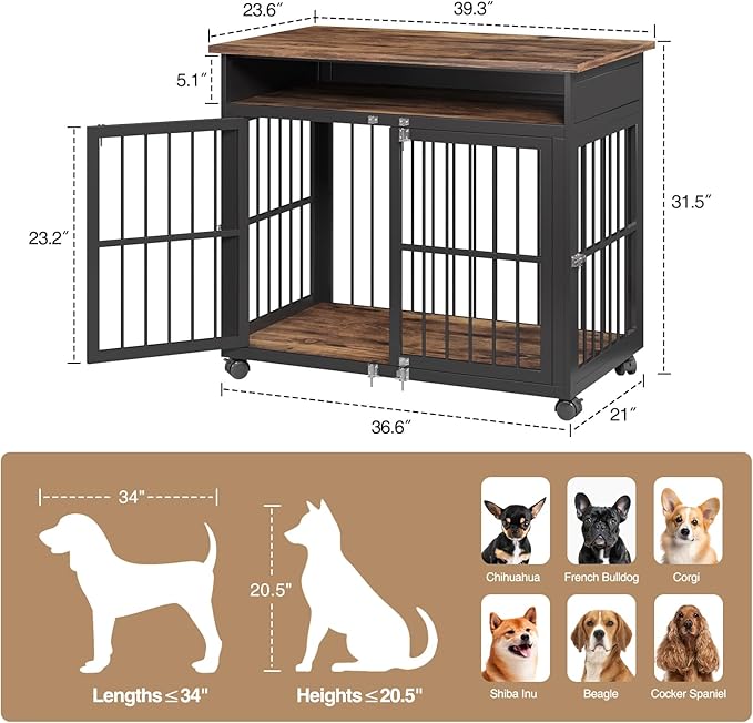 39.4" Dog Crate Furniture for Medium and Large Breed, Dog Kennel Furniture with Storage Shelf & Lockable Wheels, Heavy Duty Wooden End Side Table Pet Cage Indoor, Chew-Resistant, Brown-Mewly Pet