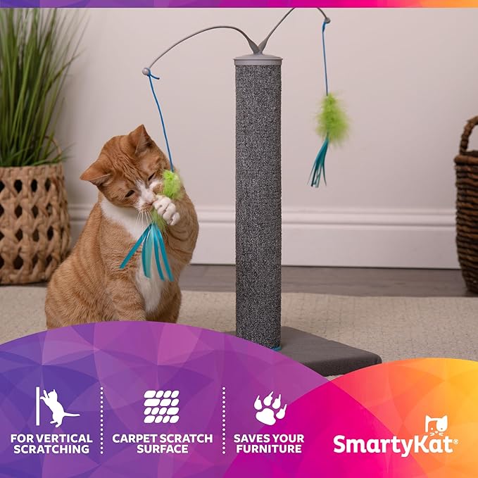 SmartyKat Scratch 'N Spin Carpet Cat Scratching Post with 2 Spinning Wand Toys, Plus 2 Replacement Wands - Gray & Blue-Mewly Pet