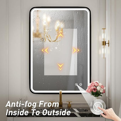 20X28 Inch LED Bathroom Mirror with Lights,Wall Mounted Lighted Mirrors with Non-Rusting Black Metal Frame Anti-Fog Memory Funtion Stepless Dimmable,6000K(Horizontal&Vertical)