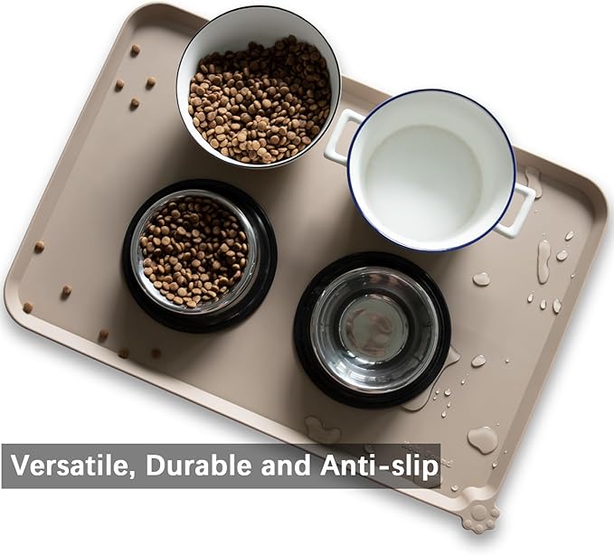 Hoki Found Large Silicone Pet Food Mats - Non Slip Dog & Cat Bowl Mats - Waterproof Tan-Mewly Pet