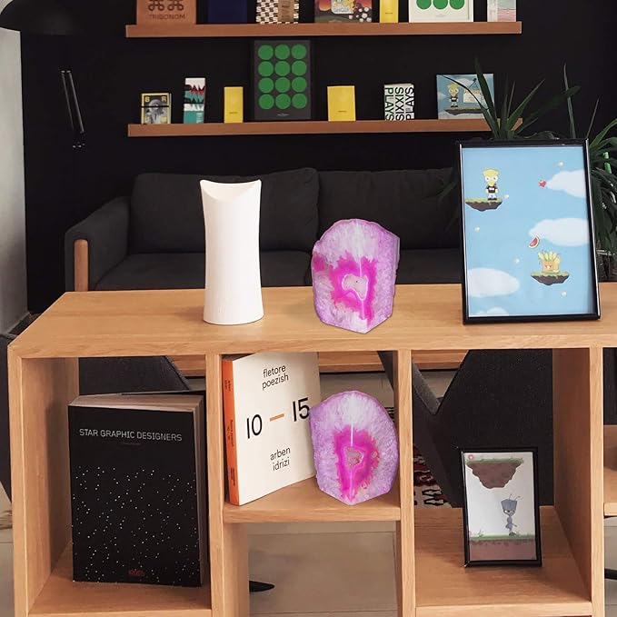 AMOYSTONE 4-6 Lbs Pink Book Stopper 1 Pair with Rubber Buffers Agate Bookends for Heavy Books Office Home Shelves Decoration