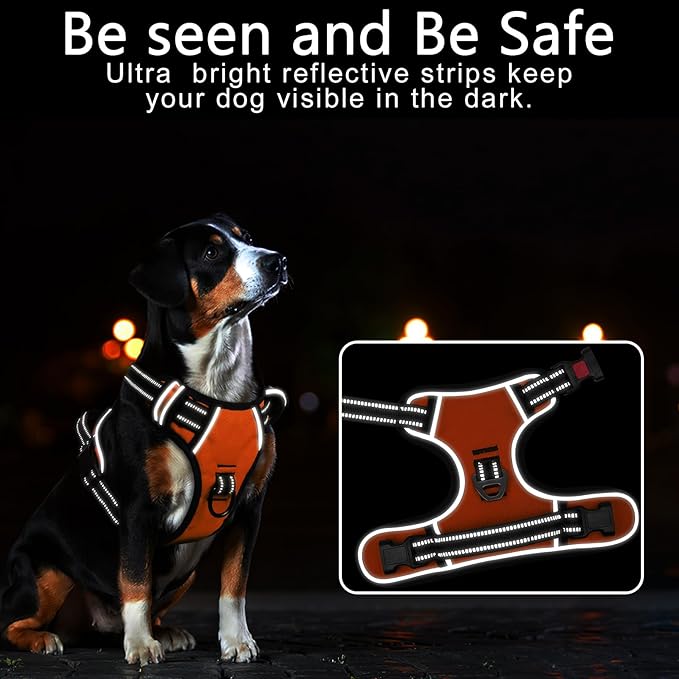 Timos Dog Harness Large Sized, No Pull with Neck Lockable Snap,No Choke Front Clip Dog Reflective Harness,Adjustable Metal Rings 3 Buckles,Easy Control Handle for Large Dogs Orange XL-Mewly Pet