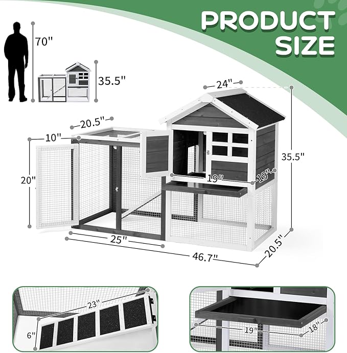 Outvita Rabbit Hutch, Small Wood Chicken Coop, 48" Guinea Pig Cage w/Pull-Out Tray, Waterproof Asphalt Roof, Chicken Run, Interactive Door for Small Animal Pen Outdoor-Mewly Pet