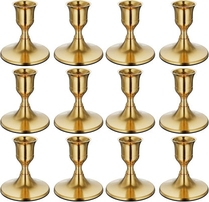 12PCS Brass Gold Taper Candle Holders Set, Vintage Metal Candlestick Holders for Dinner Room Table Centerpiece or Mantel Wedding Party Decor