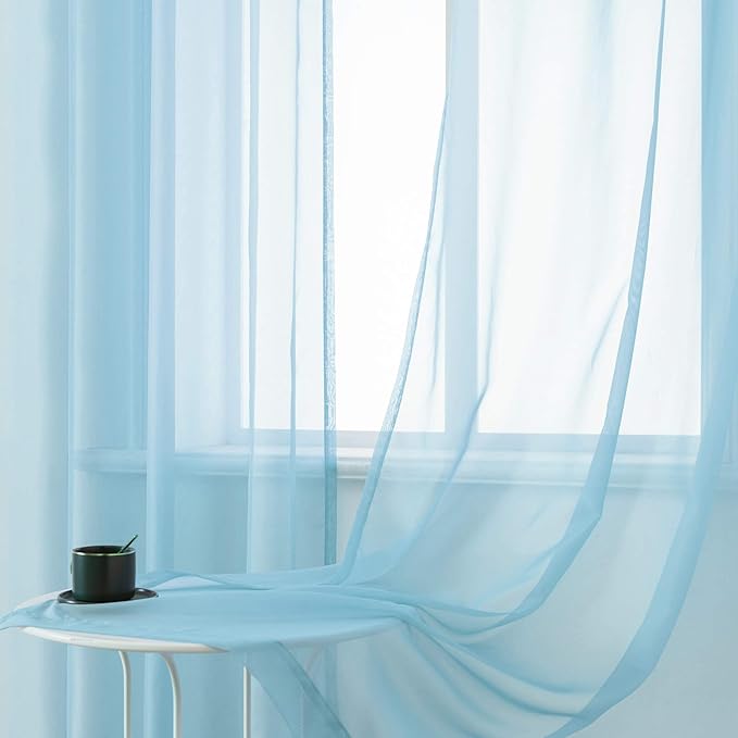 DUALIFE Sky Blue Sheer Curtains 63 Inches Length Look Semi Transparent Natural Light Flow Grommet Curtains for Bedroom and Living Room, 52 x 63 Inches, Set of 2 Panels Light Baby Blue