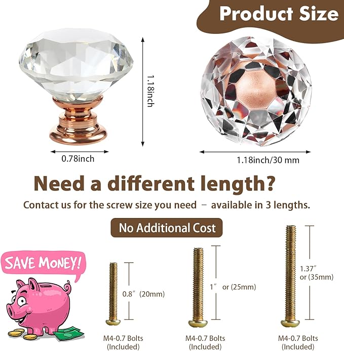 DEELF 12 Packs Kitchen Cabinet Knobs, 30 mm Crystal Cabinet Knobs, Diamond Dresser Handle Drawer Pulls, Dresser Knobs for Cabinets and Drawers, Rose Gold Base