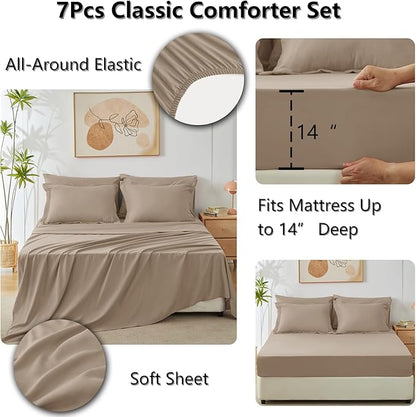 CozyLux Full Size Comforter Sets Khaki - 7 Pieces Bed in a Bag Full, Luxury Soft Bed Set for All Seasons, Bedding Set with Down Alternative Comforter, Sheets, Pillowcases & Shams