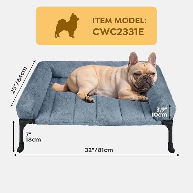 Veehoo Cooling Elevated Dog Bed with Fluffy Plush Bolster Cushion, Indoor Raised Dog Beds for Large Dogs, Soft Pet Sofa Cot with Removable Washable Mat, No-Slip Feet, 32 x 25 inches, Haze Blue-Mewly Pet
