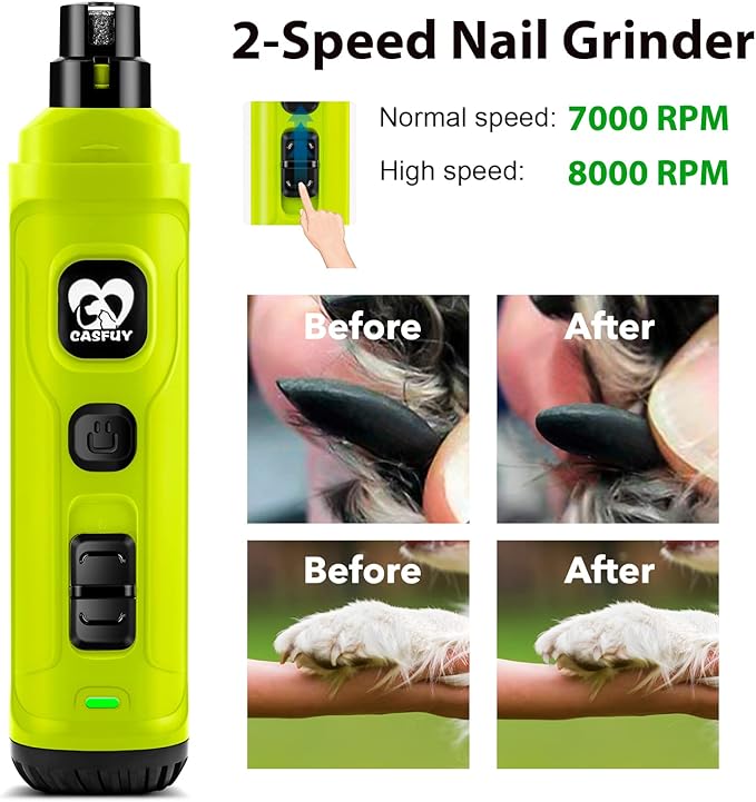 Casfuy Dog Nail Grinder with 2 LED Light - New Version 2-Speed Powerful Electric Pet Nail Trimmer Professional Quiet Painless Paws Grooming & Smoothing for Small Medium Large Dogs(Green)-Mewly Pet