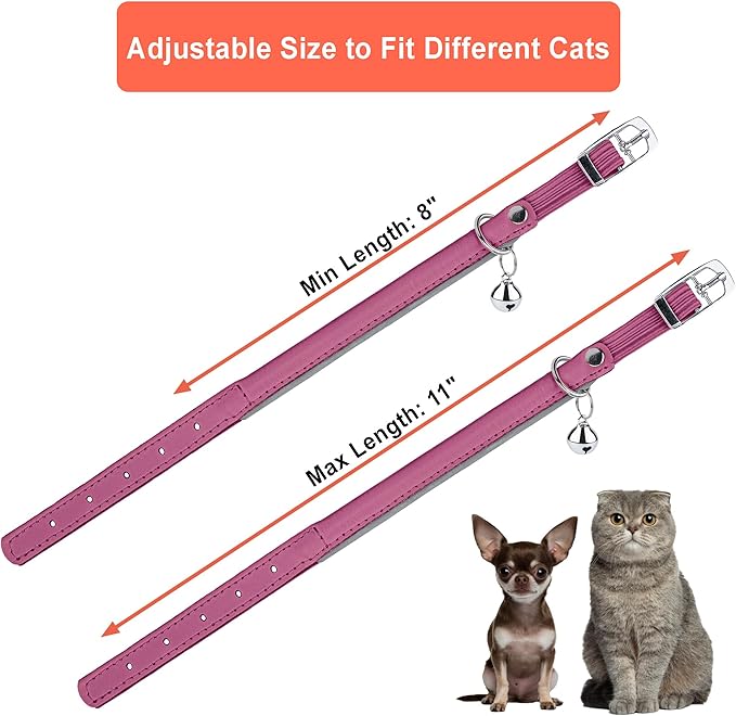 OOPSDOGGY Rolled Leather Cat Collar with Bell, Reflective Kitten Collars with Buckle Include Safety Elastic Strap - Adjustable Small Pet Collars for Boy Girl Cats (Fucsia)-Mewly Pet