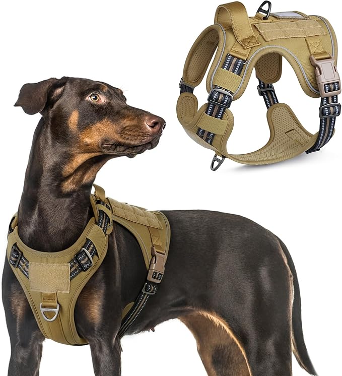 rabbitgoo Tactical Dog Harness for Large Dogs, No Pull Military Service Vest with Handle & Molle, Easy Control for Training Walking, Adjustable Reflective Straps, Brown, L-Mewly Pet