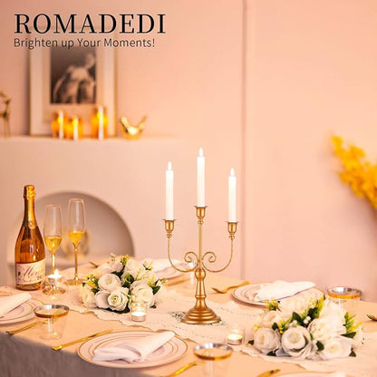 Romadedi Candelabra Gold Candle Holders - 3 Arm 11.8" Wedding Candlestick Holder for Theme Party Table Centerpiece Decor Dining Room Birthday Holiday Christmas, Set of 6