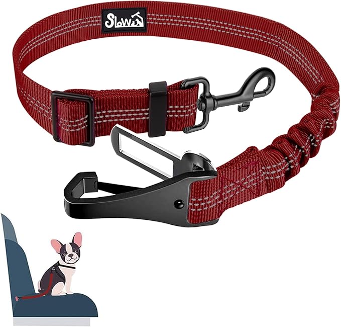 SlowTon Dog Seat Belt, Adjustable Dog Safety Belt Leash, 2 in 1 Latch Bar Attachment Dog Car Seatbelt with Elastic Nylon Bungee Buffer, Reflective Nylon Belt Tether Connect to Dog Harness (Red)-Mewly Pet