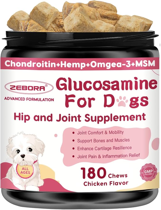 Glucosamine for Dogs - Joint Supplement for Dogs with Chondroitin, MSM, Omega 3, Hemp, Turmeric for Dog Joint Pain Relief, Dog Joint Supplement with Calcium Support Cartilage & Bone Health, 180 Chews-Mewly Pet