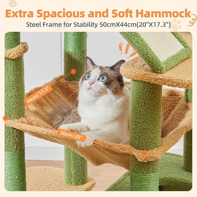 Taoqimiao Cactus Cat Tree, 71-Inch Cat Tower for Indoor Cats Large Adult, Multi-Level Large Cat Condo, 8 Sisal Scratching Posts, Metal Frame Cozy Hammock, Scratch Board, 2 Top Perches, MSC026L-Mewly Pet