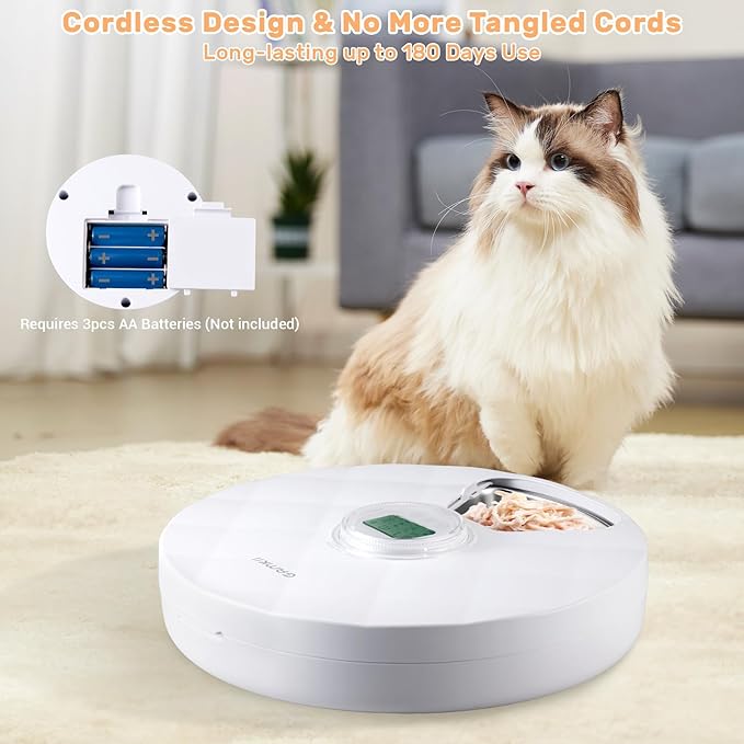 Automatic Cat Feeder Wet Food, Battery Operated Auto Feeder with 2 Ice Packs, Digital Cordless Pet Fresh Food Bowl with Timer and Memory Function for Cats Small Dogs (6-Meal Stainless Steel)-Mewly Pet