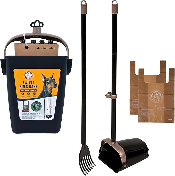 Arm & Hammer Dog Pooper Scooper Swivel Bin & Rake, Poop Scoop for Dogs, Black (2 Heavy Duty Scented Waste Bags Included)-Mewly Pet