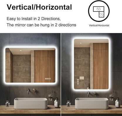 S'bagno 36"x28" LED Bathroom Mirror with Bluetooth Speaker, Anti-Fog & Waterproof, Dimmable Wall Mirror with Touch Control, 3 Light Colors, Vertical or Horizontal