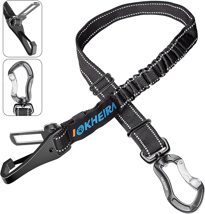 IOKHEIRA Dog Seatbelt, Updated Adjustable Harness Reflective Bungee Dog Car Seat Belt with Aviation Aluminum Alloy Rotatable Carabiner, Hook & Buckle-Mewly Pet