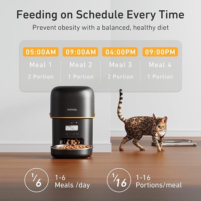 Automatic Cat Feeder - 2L Cat Food Dispenser, Timed Auto Pet Feeder with 180-day Battery Life, 1-6 Meals Per Day, 1-16 Portion, Desiccant Bag Keeps Dry Food Fresh, Also for Small Dogs-Mewly Pet