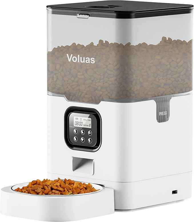 VOLUAS Automatic Cat Feeders - Pet Food Dispenser for Dry Food, Timed Cat Feeder with Desiccant Bag, Programmable Portion Size Control 4 Meals Per Day, 10s Voice Recorder-Mewly Pet