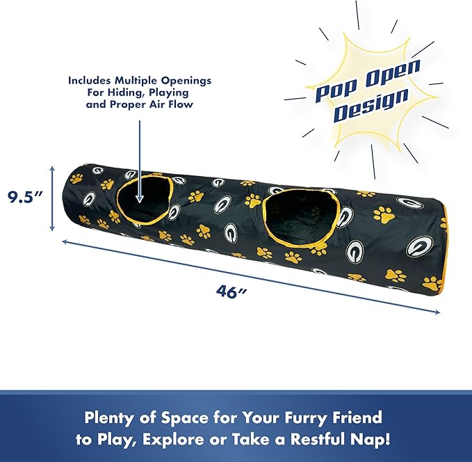 NFL Green Bay Packers Cat Tunnel Tube Toy with Plush Football Catnip and Feathers Collapsible Tunnel for Cats to Play, Peek and Hide, Sporty & Fun Cat Tunnel Toy with Team Logo All-Over Design!-Mewly Pet