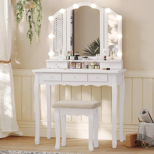 Tiptiper Vanity Table Set with Lighted Tri-Folding Mirror, Makeup Vanity with Lights & 3 Color Lighting Modes, Vanity Desk with Mirror and Cushioned Stool, Makeup Table with 5 Drawers, White