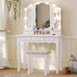 Tiptiper Vanity Table Set with Lighted Tri-Folding Mirror, Makeup Vanity with Lights & 3 Color Lighting Modes, Vanity Desk with Mirror and Cushioned Stool, Makeup Table with 5 Drawers, White