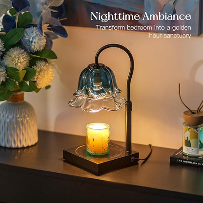 Candle Warmer Lamp with Timer: Navy Blue Flower Candle Warming Lamp with 2 Bulbs Height Adjustable Wax Warmer Dimmable Bedroom Decor Birthday Gift for Women