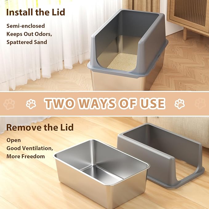 Large Stainless Steel Litter Box with Lid, High Sides, 16" Metal Cat Litter Box, Extra Large Litter Boxes for Big Cats, Tall Cat Litter Pan, Grey, Easy Clean-Mewly Pet