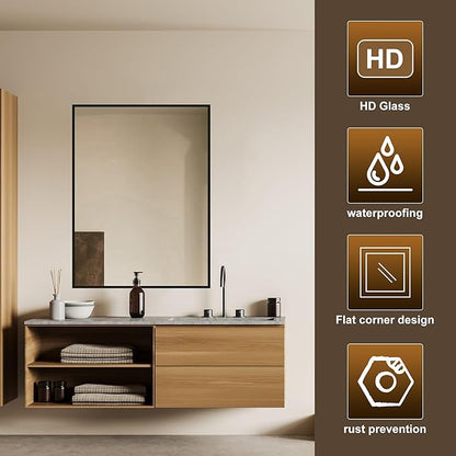 24" x 32" Black Metal Framed Bathroom Mirror - Rounded Rectangle Matte Black Vanity Mirror, Anti-Rust Tempered Glass, Farmhouse Style Wall Mirror, Horizontal/Vertical Hanging