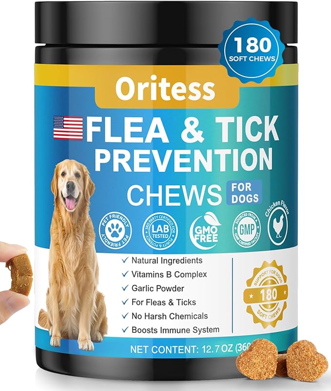 Flea and Tick Prevention for Dogs, 180 Soft Chews Natural Dog Flea and Tick Chewables Oral Flea Supplement for Dogs, Puppy Flea Support - All Breeds & Ages - Chicken Flavor-Mewly Pet