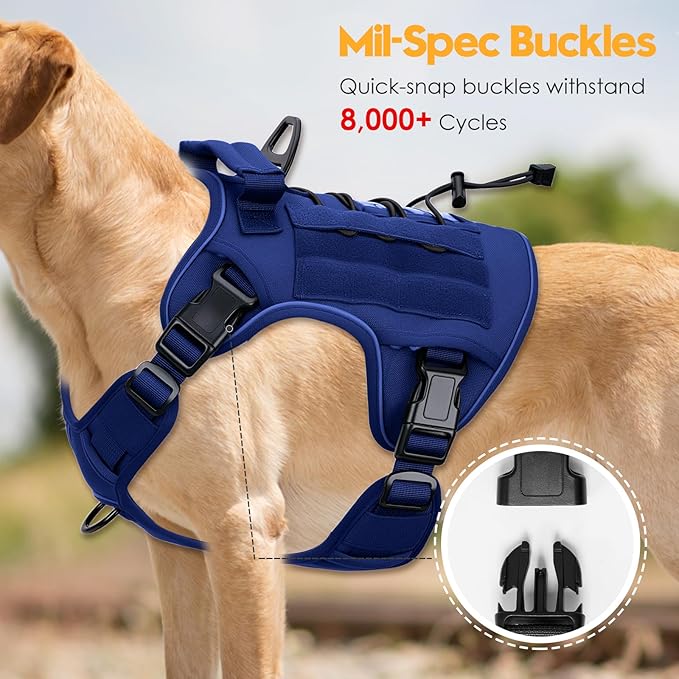 Heavy-Duty Tactical Dog Harness for Large Dogs, No Pull Adjustable Reflective Pet Vest with Molle System, K9 Military-Grade Control for Service Training, Outdoor & 10+ Breeds, Dazzling Blue, Large-Mewly Pet