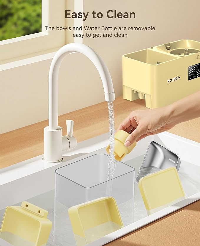 Rojeco 36Cups/8.5L Pet Automatic Cat Feeder and Gravity Water Dispenser,Stainless Steel Bowls 2-in-1 Set Large Capacity 5L Food Feeder and 3.5L Water Fountain for Cats,Pets,Small Dogs,Yellow-Mewly Pet