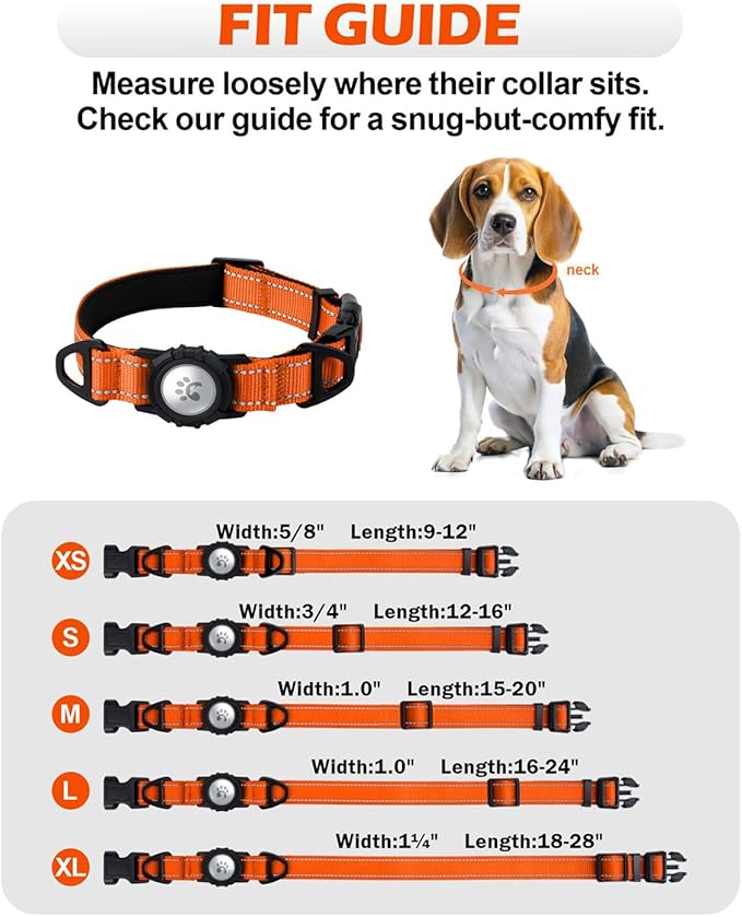 TagME Airtag Dog Collar,Waterproof Reflective Pet Collar with Airtag Holder,Soft Padded and Double D-Rings for Large Dogs,Orange-Mewly Pet