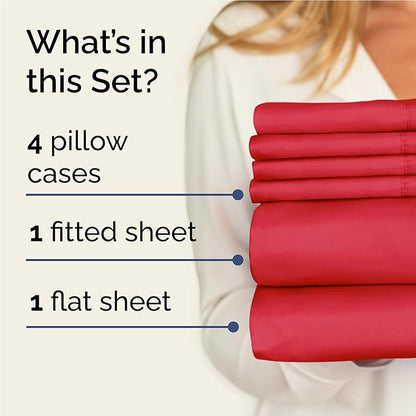Full 6 Piece Sheet Set - Comfy Breathable & Cooling - Ultra Soft Hotel Luxury Bedding Set with 8-16 Inch Deep Pockets - 1 Flat & 1 Fitted Sheet & 4 Pillowcases - Cozy, Wrinkle Free & Easy Care - Red