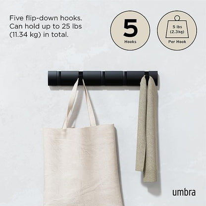 Umbra Flip Wall-Mounted Coat Rack with 5 Hooks – Modern, Space-Saving Storage for Hats, Jackets, Bags, Entryway, Mudroom, Closet, Bathroom, Bedroom – Black