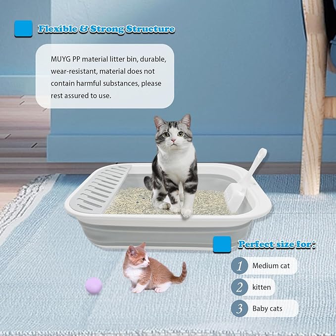 Collapsible Cat Litter Box,Open Potty Pan Cat Toilet Foldable Portable Cats Litter Box Travel Litter with Scoop,Waterproof Low Entrance for Kitten and Cat Toilet Easy Clean 17.7"×13.4"x4.9"(Grey)-Mewly Pet