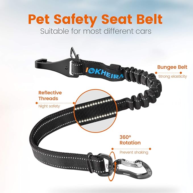 IOKHEIRA Dog Seatbelt, Updated Adjustable Harness Reflective Bungee Dog Car Seat Belt with Aviation Aluminum Alloy Rotatable Carabiner, Hook & Buckle-Mewly Pet