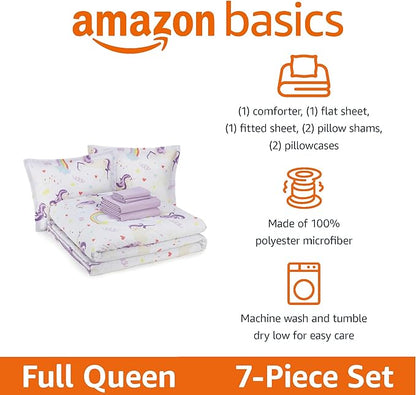 Amazon Basics Microfiber Kids' Bed-in-a-Bag 7-Piece Bedding Sheet and Comforter Set, Full/Queen, Unicorn Print