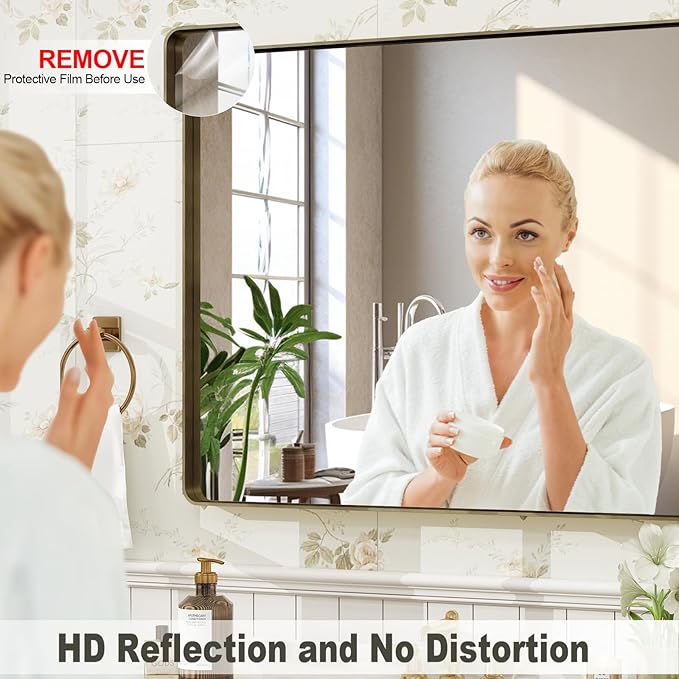 48x36 Bronze Framed Bathroom Mirror, Rectangle Brushed Bronze Metal Vanity Mirror, Large Modern Mirror for Wall, Rounded Corner, Tempered Glass, Anti-Rust, Shatterproof (Horizontal/Vertical)
