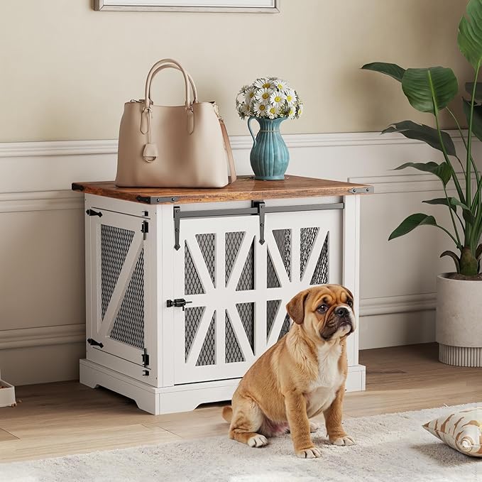 VOPEAK 27.5" Small Dog Crate Furniture, Chew Resistant Dog Crate for Puppy Dogs, Heavy Duty Small Dog Crate Dog Kennel Indoor with Double Doors, Wooden End Table for Bedroom Living Room, White-Mewly Pet